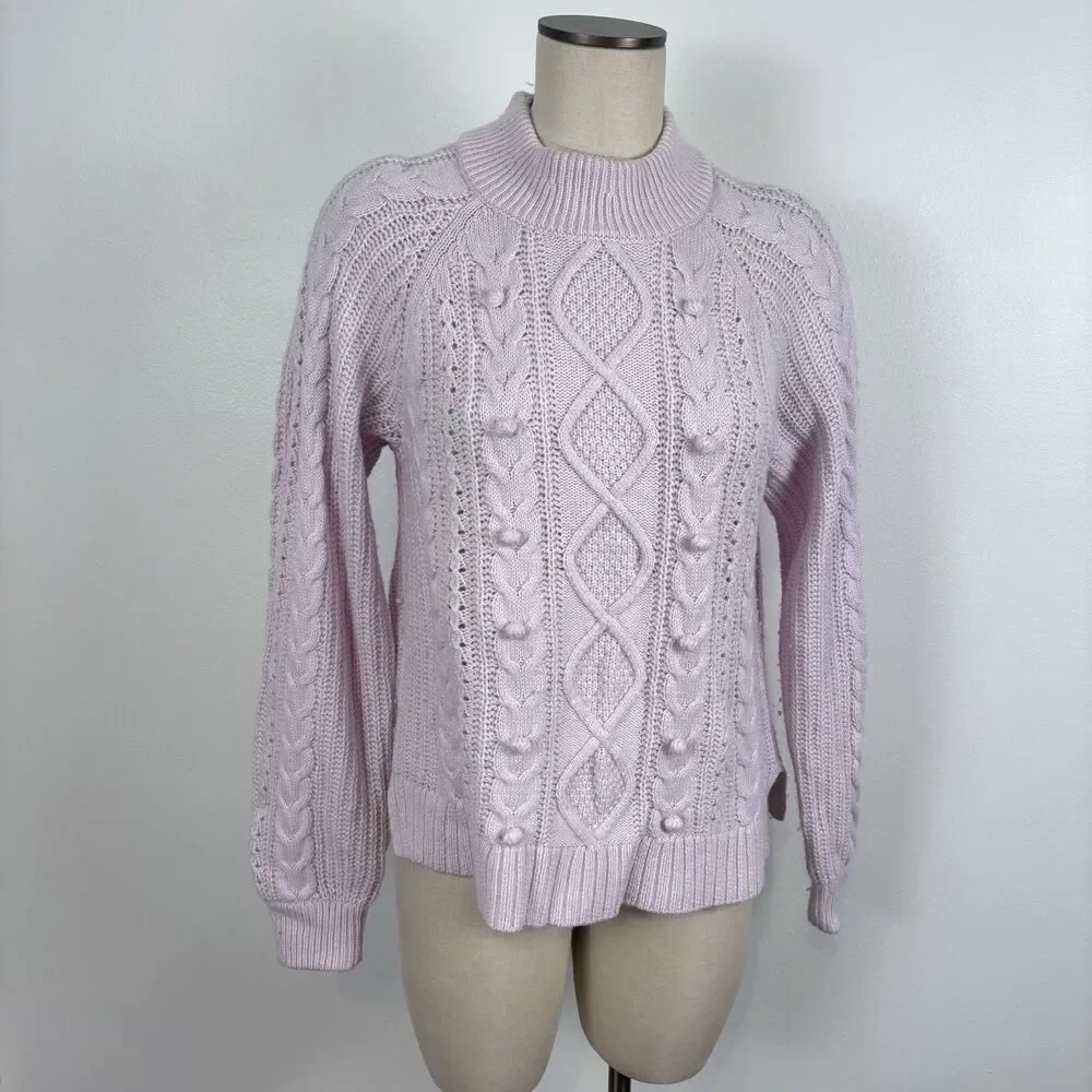 J Crew Pom Pom Cable Knit Mock Neck Sweater VTG Lilac Womens L Azra Wool Blend